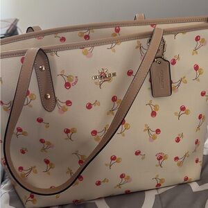 Coach Cherry Print Tote - Beige and Tan